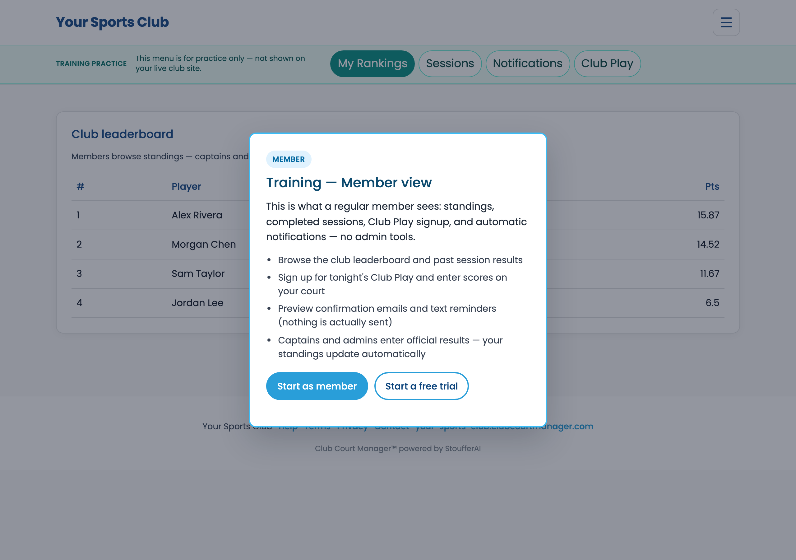 Club Rankings leaderboard with sport tabs