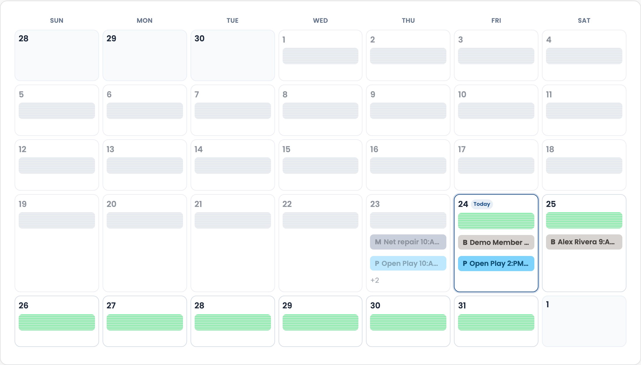 Admin Schedule Month view with Sun–Sat calendar grid