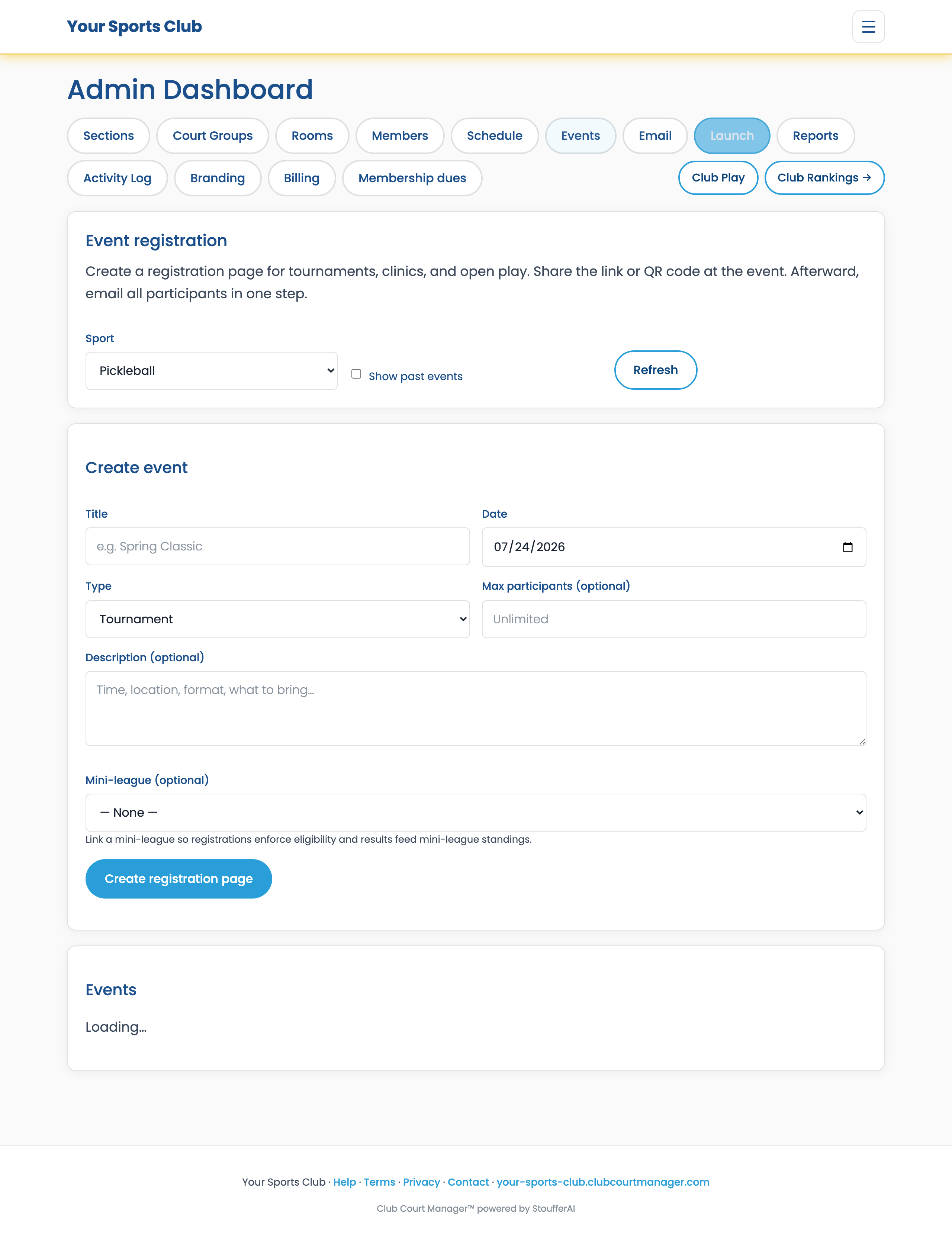 Admin Events tab with event list and create form