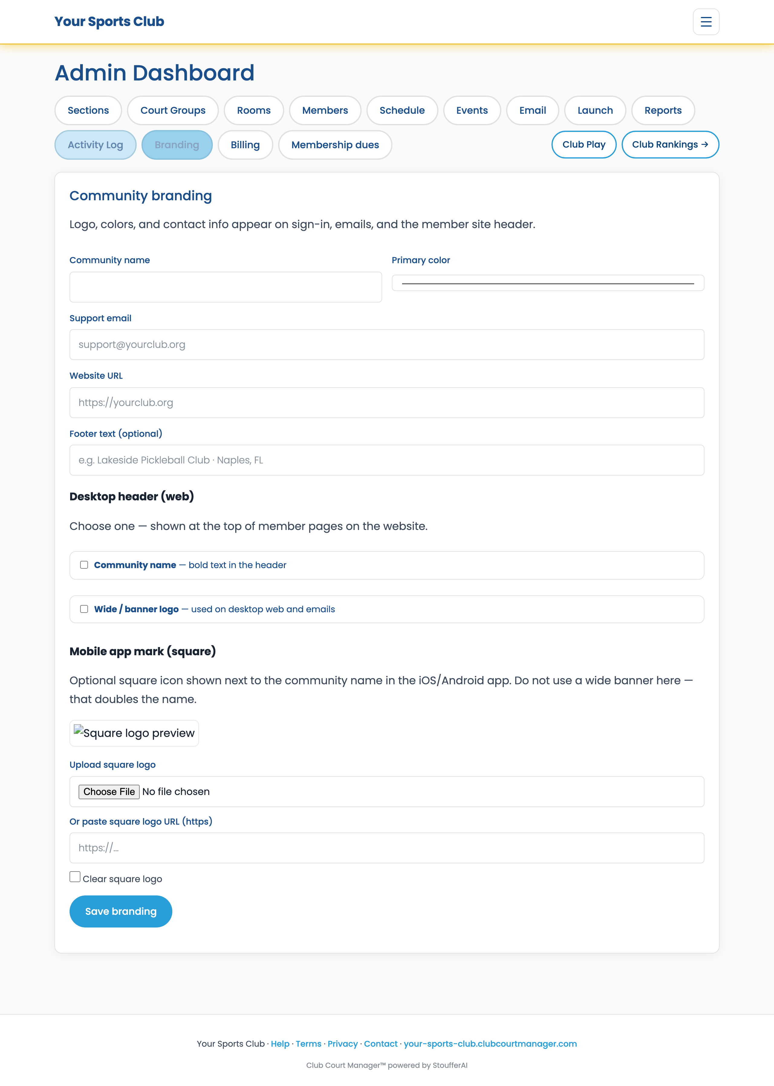 Admin Branding tab with logo upload and brand colors