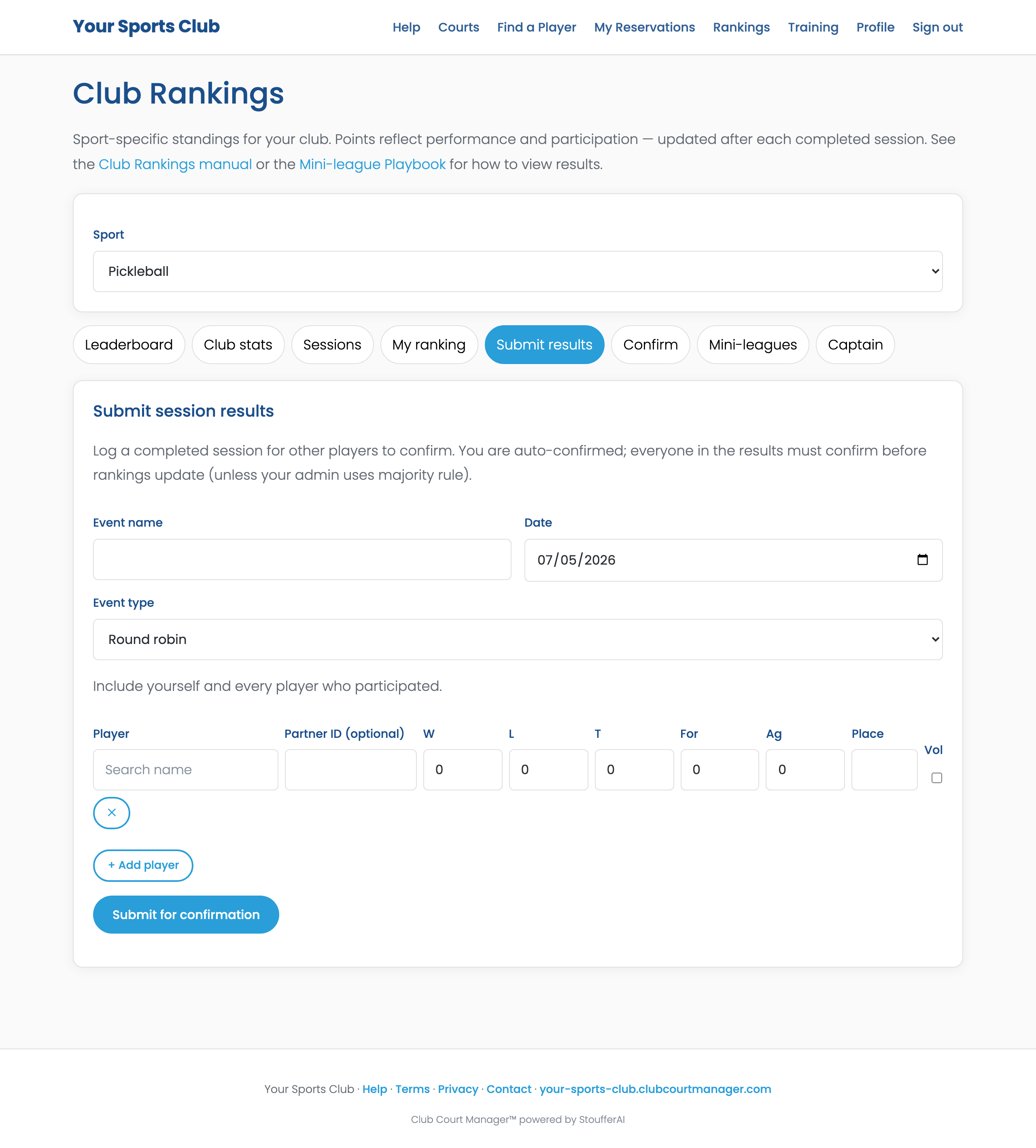 Club Rankings Submit results tab with event form and player rows