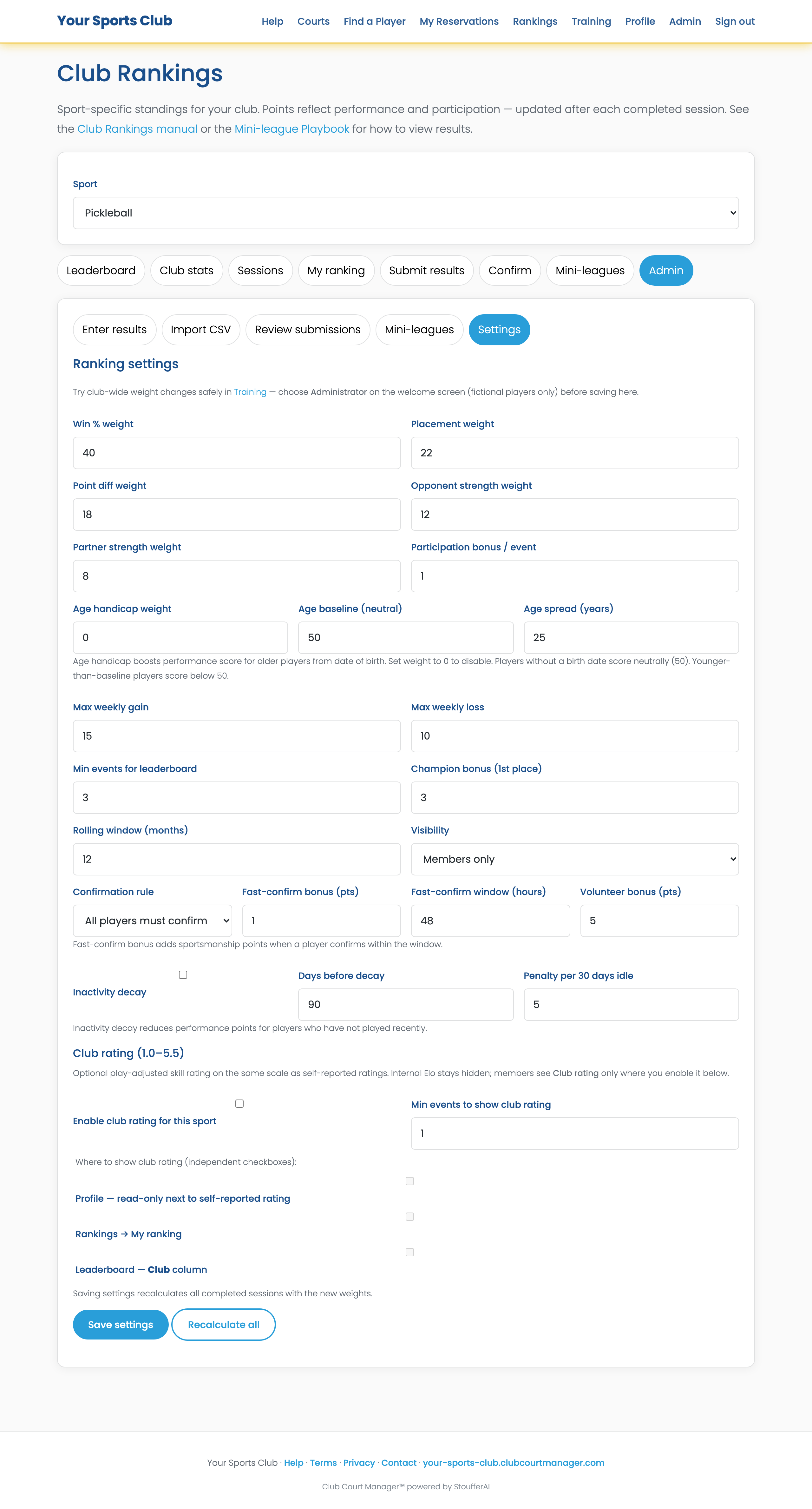 Club Rankings Admin Settings panel with weight sliders