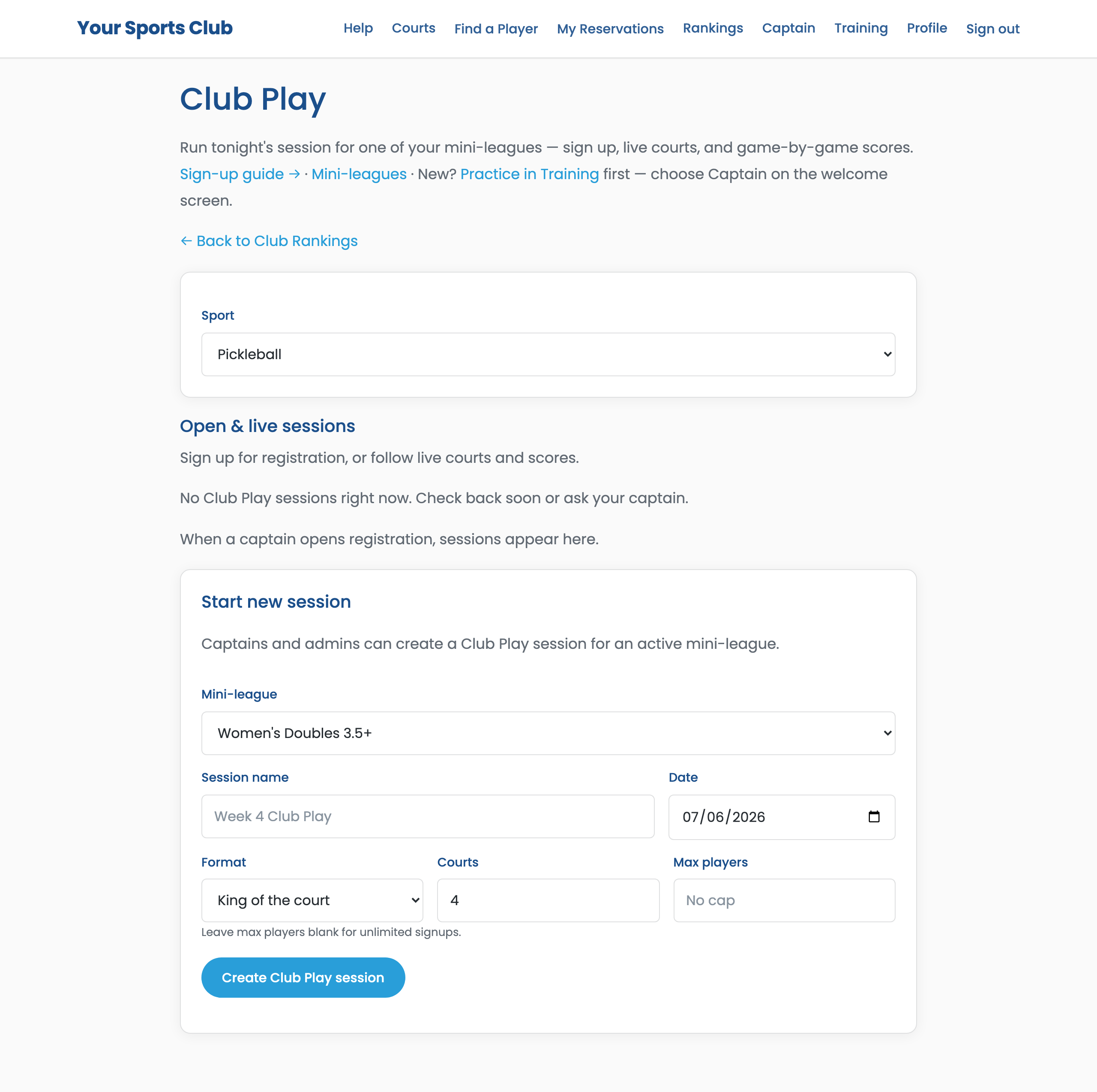 Club Play hub with session list and signup