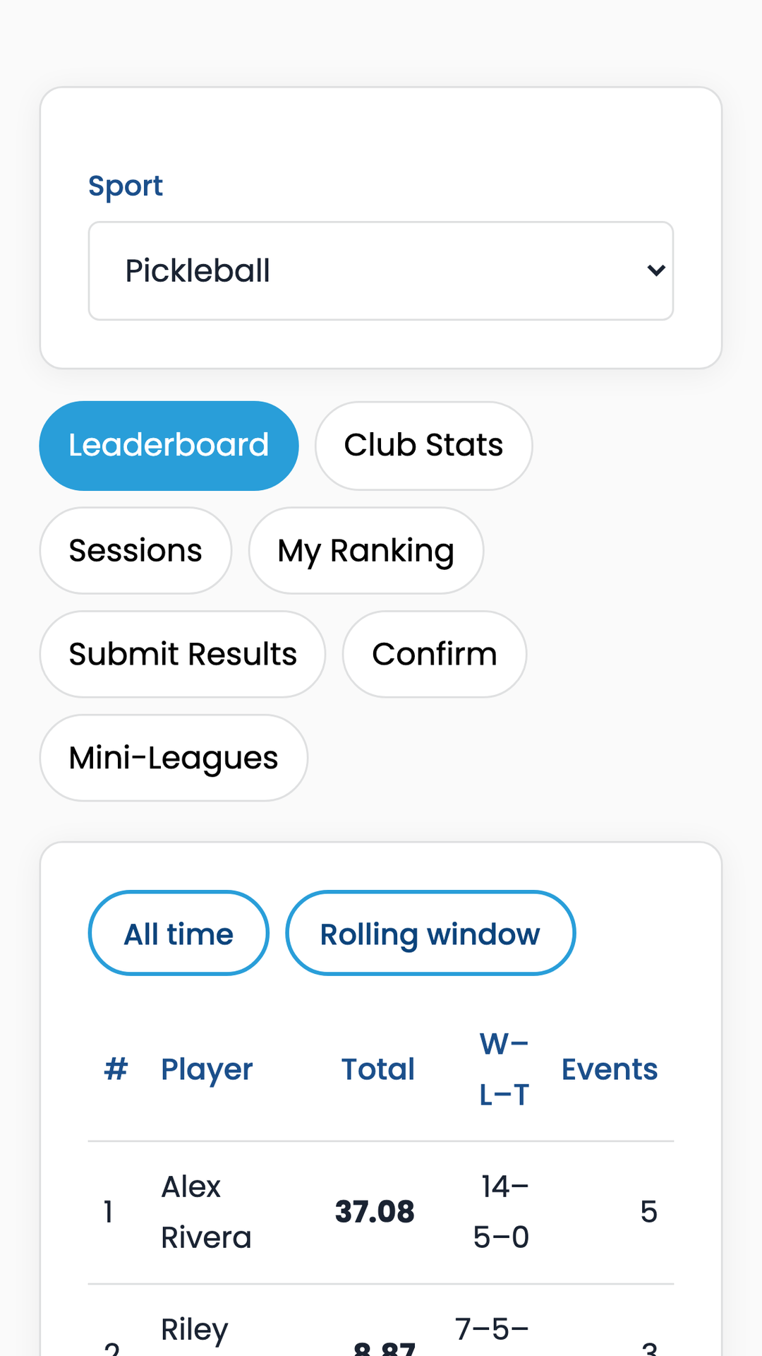 Club Rankings phone screen showing the pickleball leaderboard